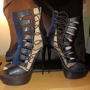 High black open toe lace up heels